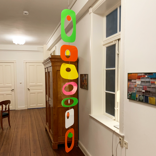 Colorful Beatnik Party Hanging Art Mobile in Client's 1872 Hamburg Germany Flat - kinetic art by AtomicMobiles.com