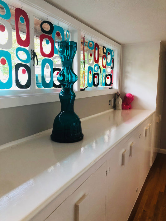 Stunning red aqua black and gray window treatment with Blenko Glass - custom made for clients mid century modern home in Sacramento CA by AtomicMobiles.com