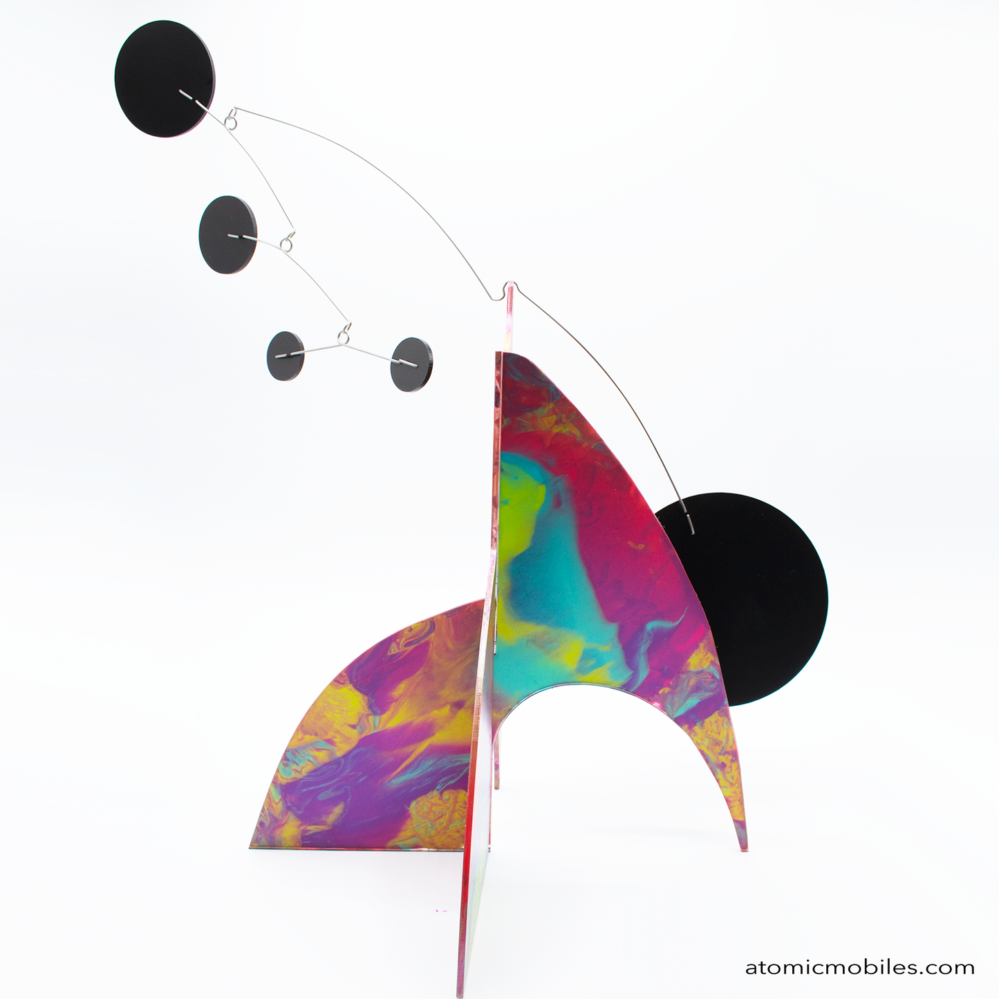 Side view of gorgeous pink, red, lime green, purple, blue kinetic hand painted kinetic art sculpture stabile for table top, coffee table, or shelf by AtomicMobiles.com