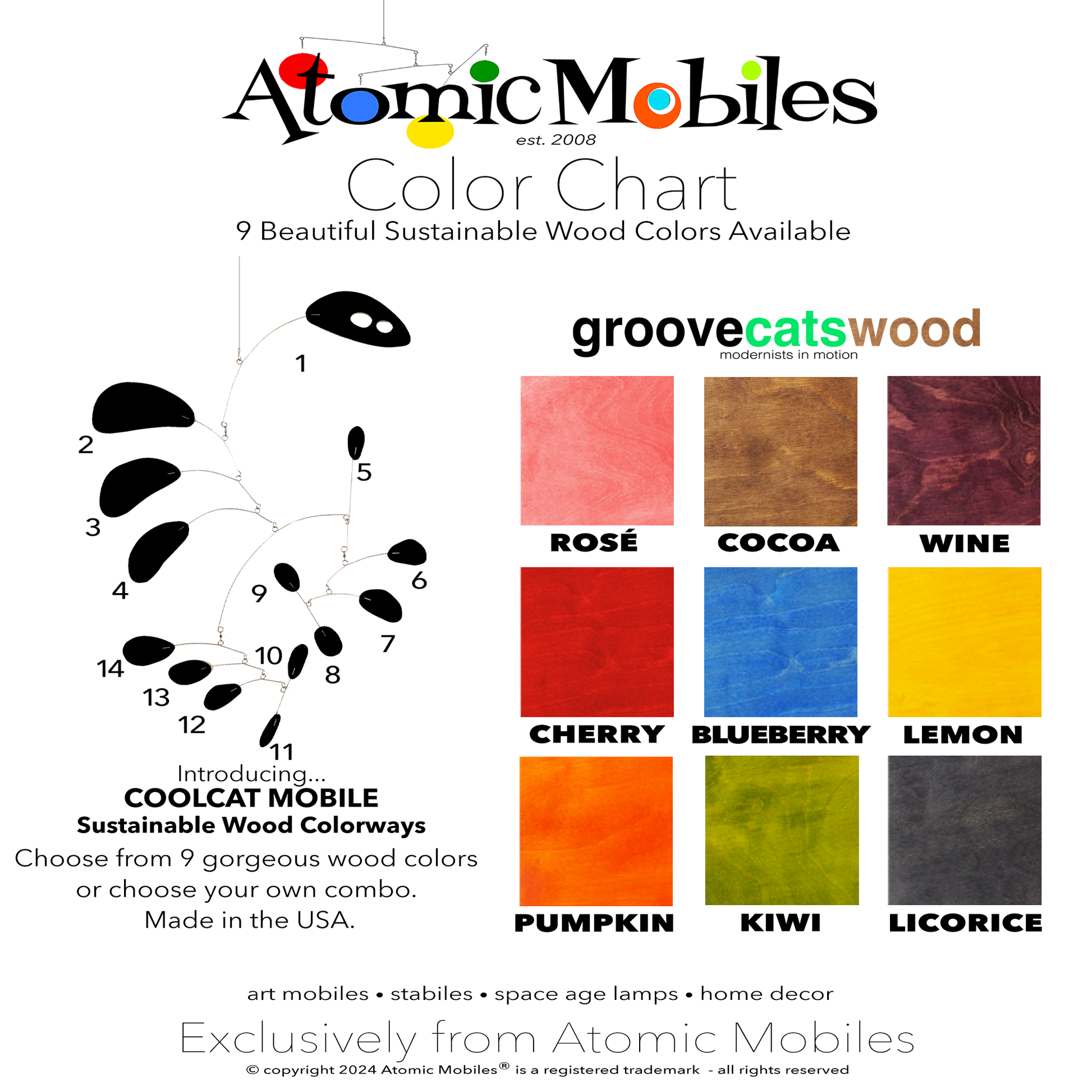 Color Chart for CoolCat hanging art mobile in sustainable wood - choose from 9 Colorways or make your own custom combo - mobile designed and made to order in Los Angeles by AtomicMobiles.com