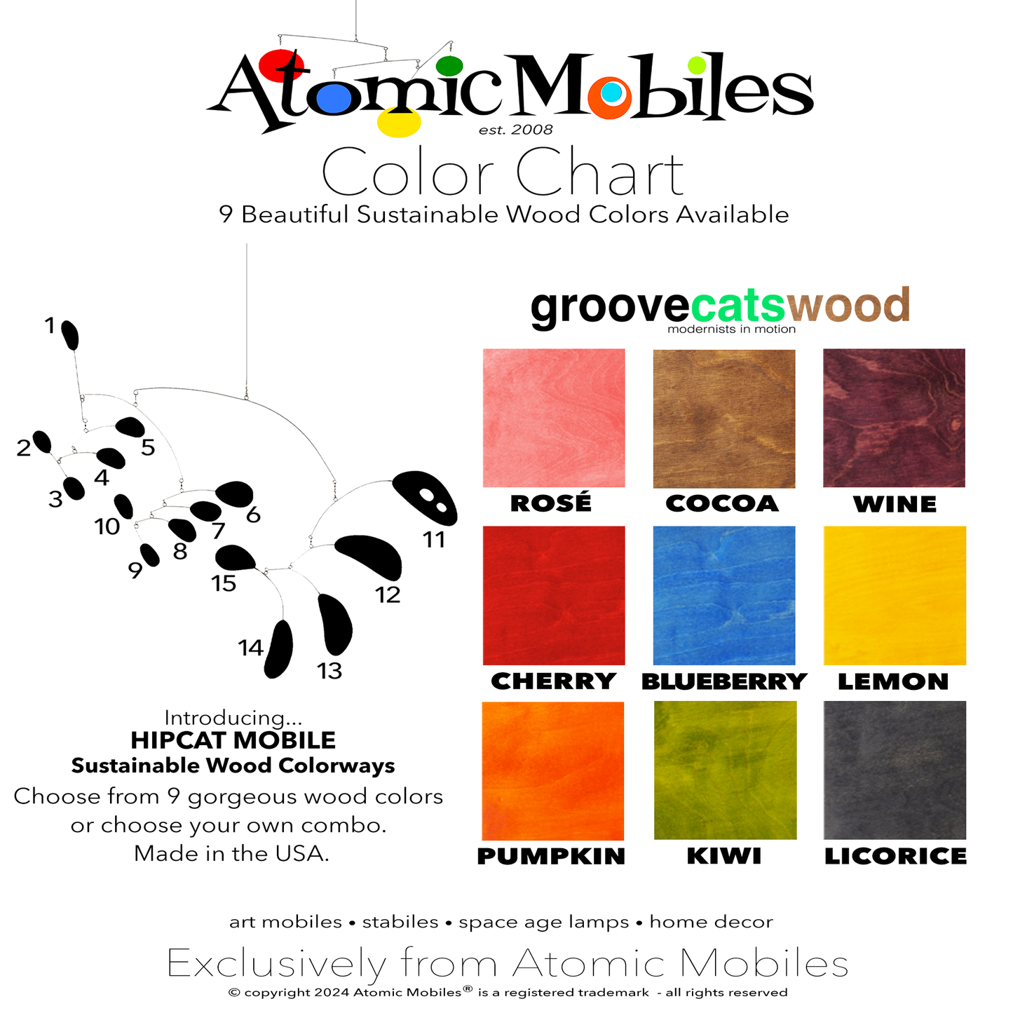 Color Chart for HIPCAT hanging art mobile in sustainable wood - choose from 9 Colorways or make your own custom combo - mobile designed and made to order in Los Angeles by AtomicMobiles.com