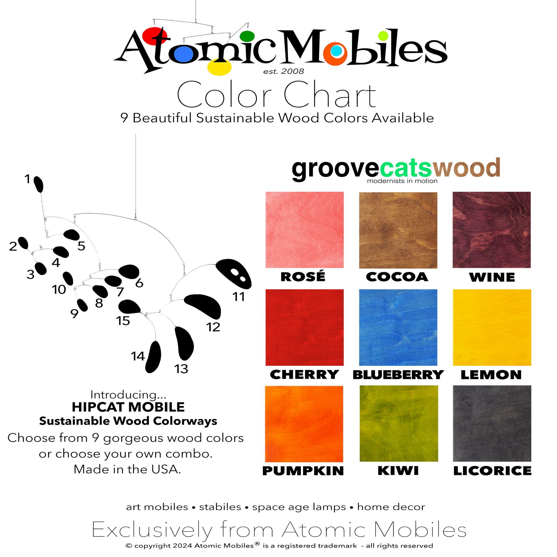 Color Chart for HIPCAT hanging art mobile in sustainable wood - choose from 9 Colorways or make your own custom combo - mobile designed and made to order in Los Angeles by AtomicMobiles.com