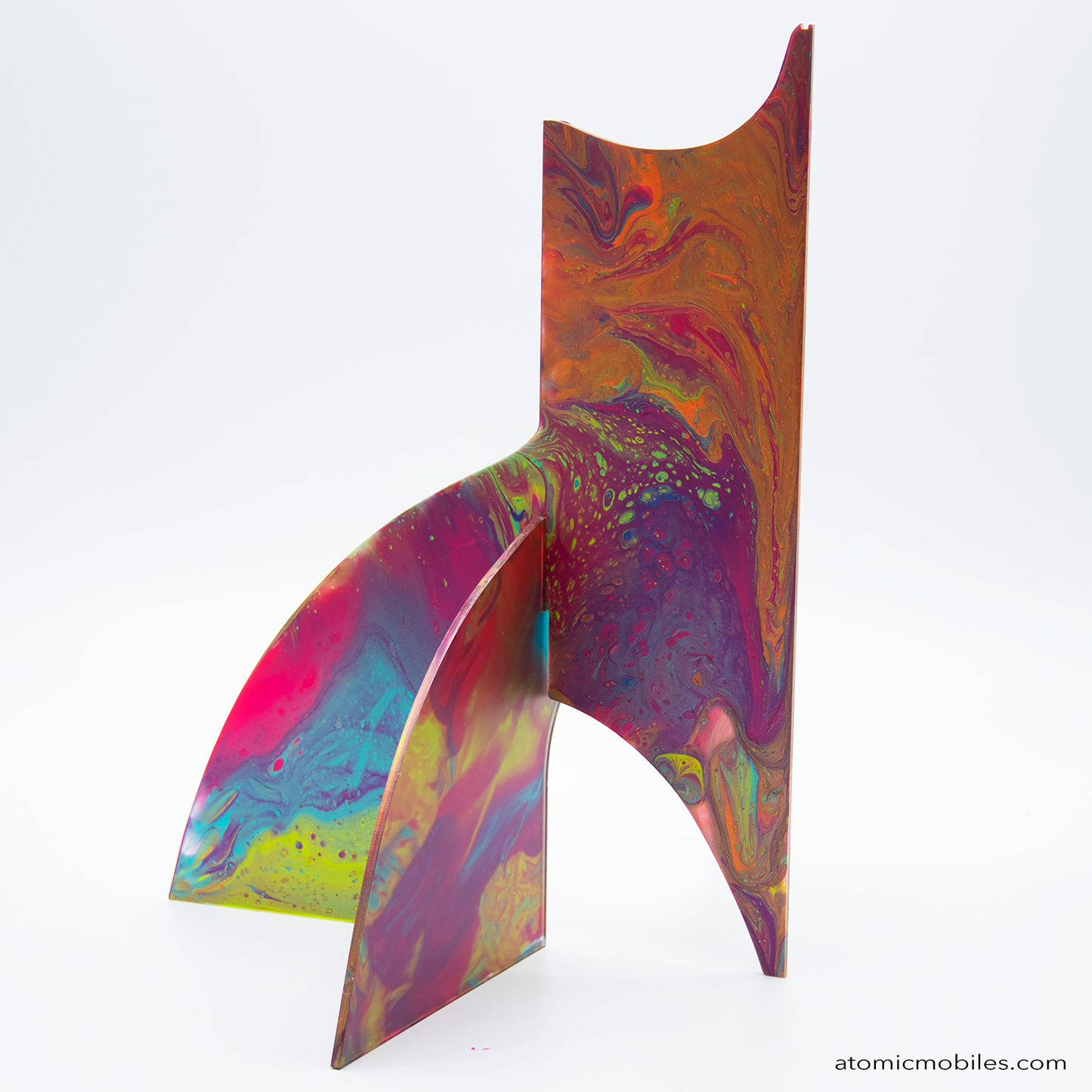 back view of gorgeous pink, red, lime green, purple, blue kinetic hand painted kinetic art sculpture stabile for table top, coffee table, or shelf by AtomicMobiles.com