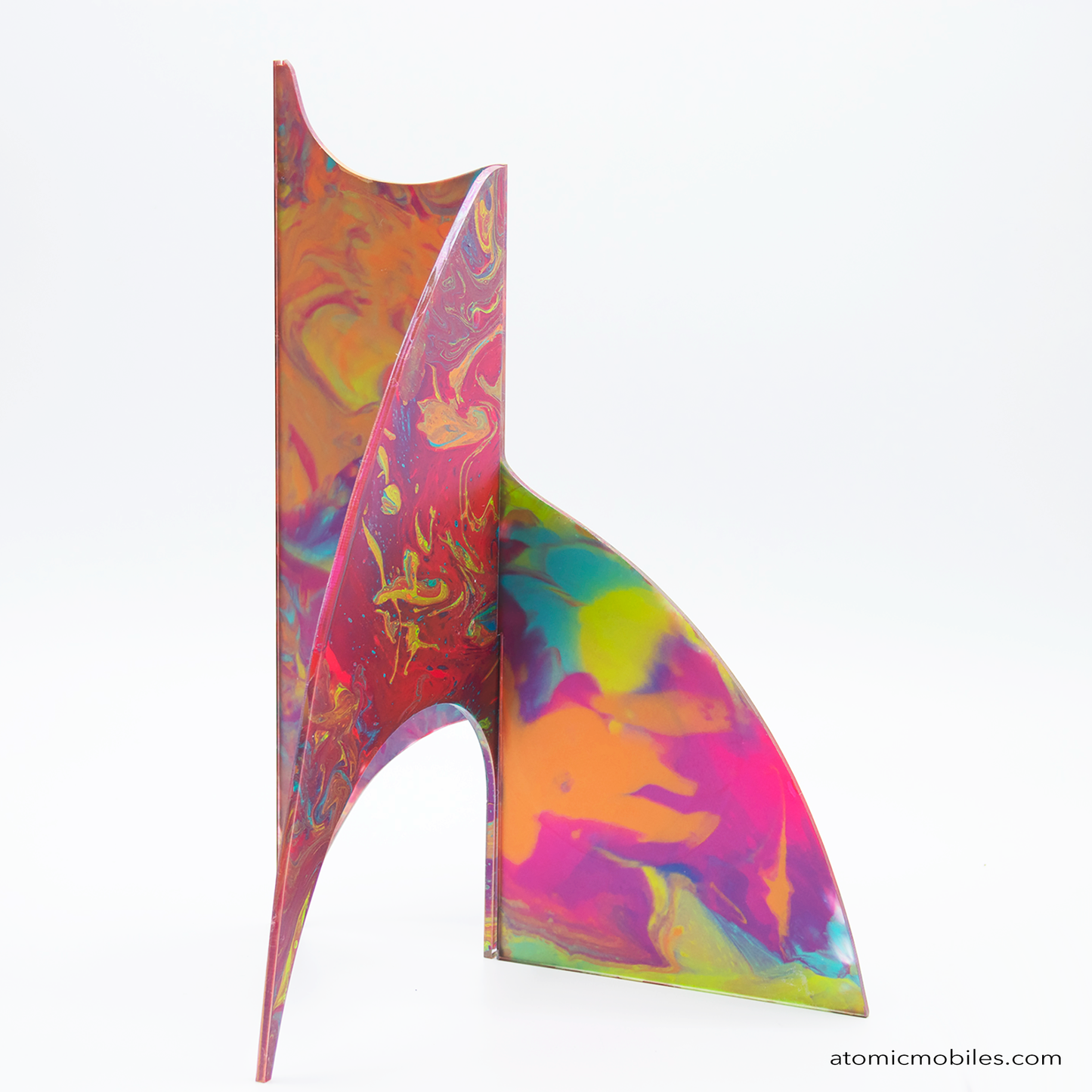 other side view of gorgeous pink, red, lime green, purple, blue kinetic hand painted kinetic art sculpture stabile for table top, coffee table, or shelf by AtomicMobiles.com