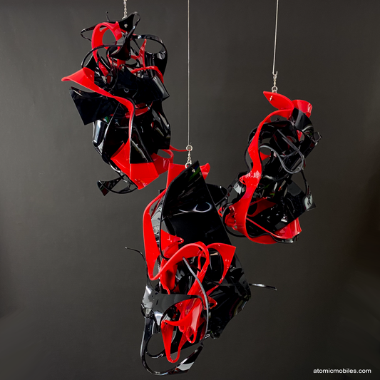 Dramatic trio of 3 black and red abstract art mobiles made from plexiglass acrylic - unique one of a kind kinetic art by AtomicMobiles.com