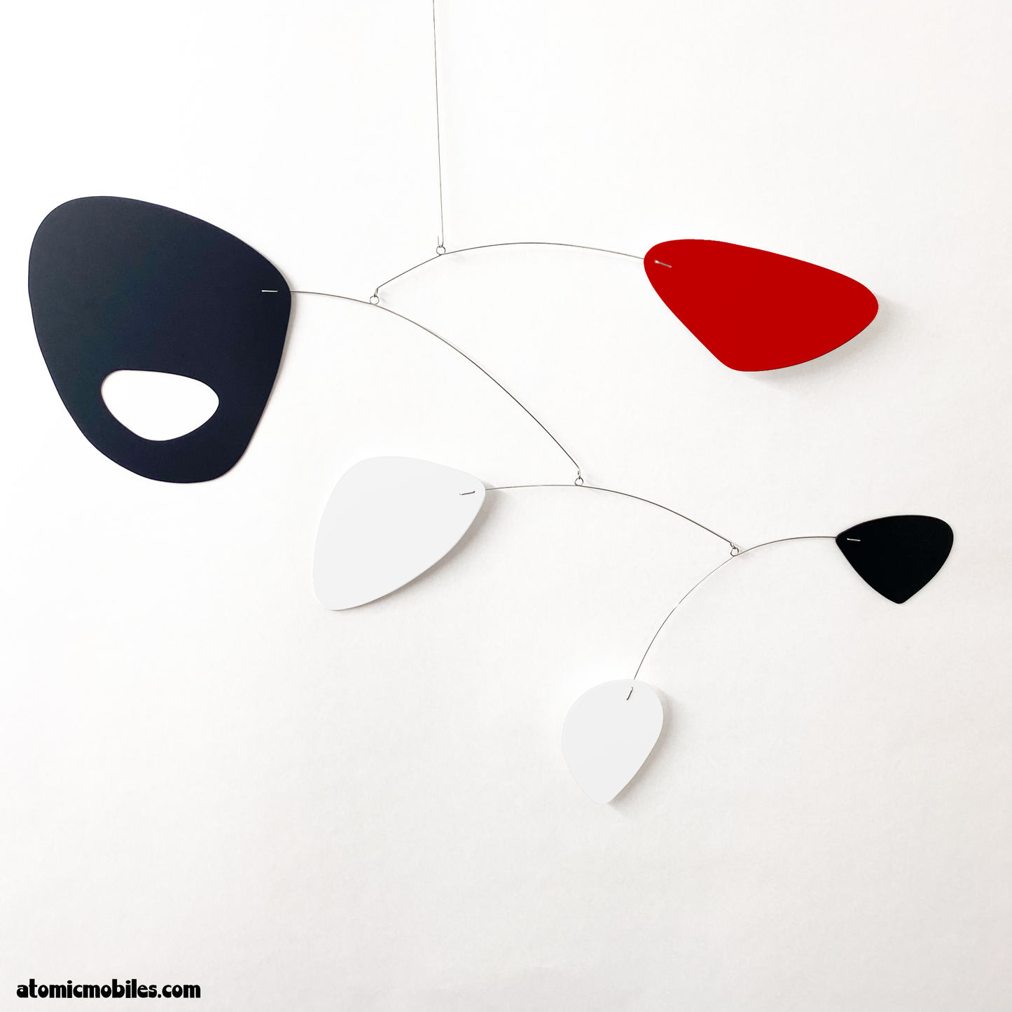 Kinetic hanging art mobile interpreted by AtomicMobiles.com from SHAG Palm Springs artist fine art painting Recent Acquisistions in black, white, and red