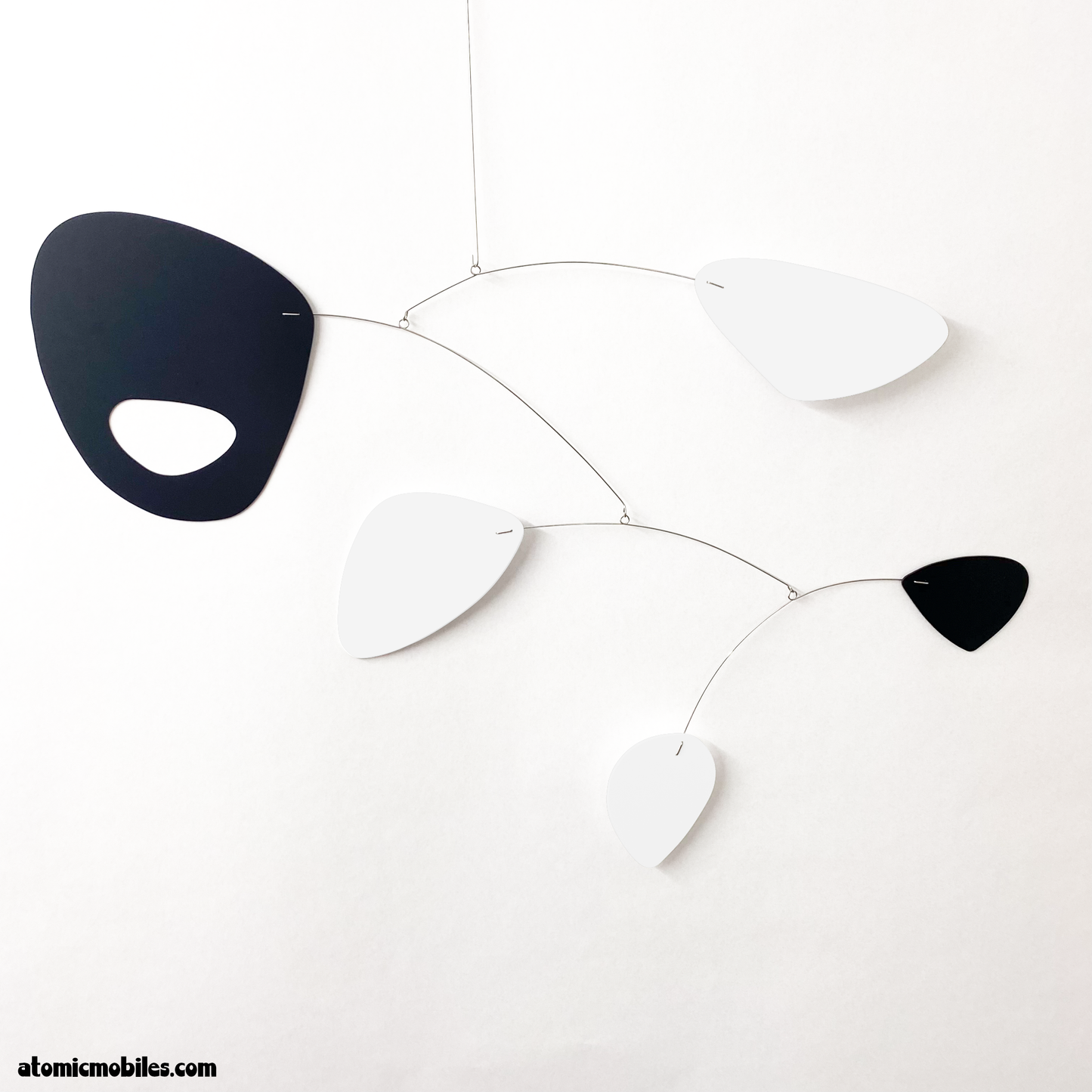 Kinetic hanging art mobile interpreted by AtomicMobiles.com from SHAG Palm Springs artist fine art painting Recent Acquisistions in black and white