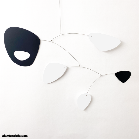 Kinetic hanging art mobile interpreted by AtomicMobiles.com from SHAG Palm Springs artist fine art painting Recent Acquisistions in black and white