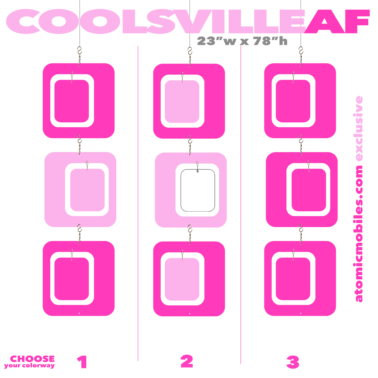 COOLSVILLE AF in Barbie Dream House Pink - bigger than life XXL dramatic vertical hanging art mobiles - 23w x 78h - in 3 different Pink colorways - by AtomicMobiles.com