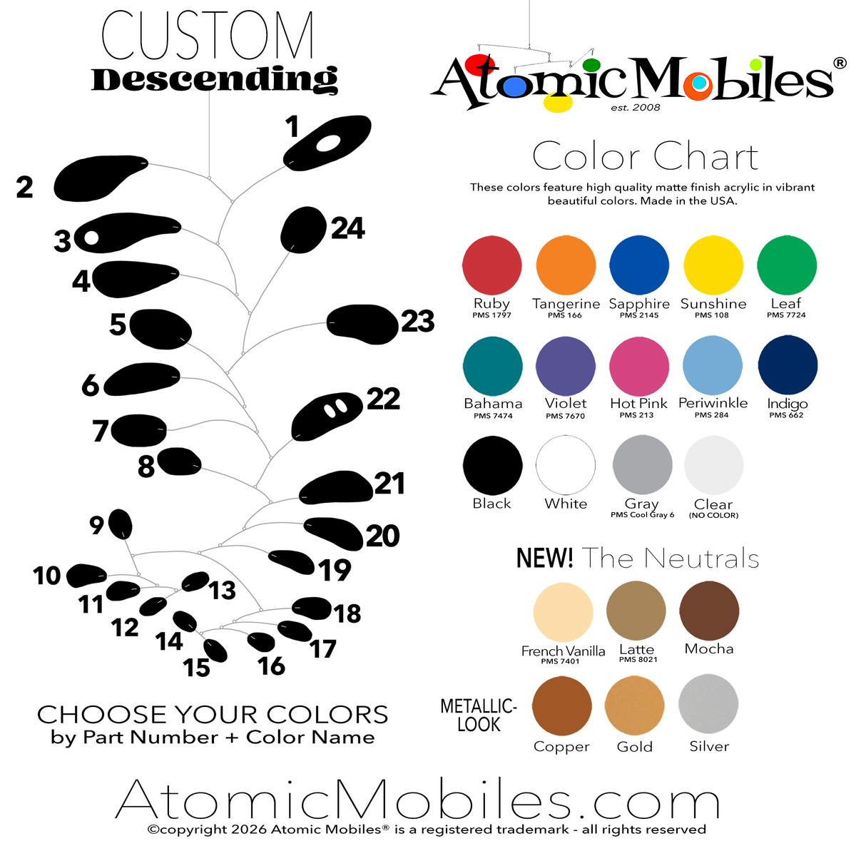 Color Chart for Descending kinetic hanging art mobile to choose your custom colors of 20 different vibrant colors, with abstract shapes inspired by Calder, limited edition of only 100 made by Debra Ann of AtomicMobiles.com