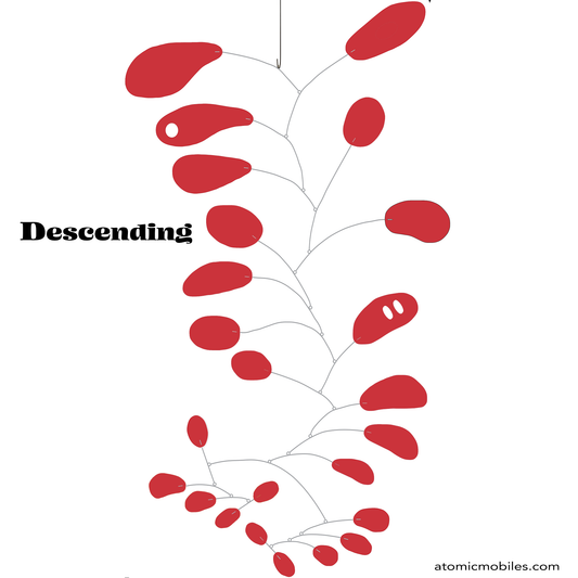 Descending kinetic hanging art mobile in all red with stainless steel wire, with abstract shapes inspired by Calder, limited edition of only 100 made by Debra Ann of AtomicMobiles.com