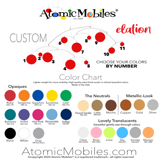 Color Chart for ELATION XL Hanging Art Mobile by AtomicMobiles.com - Opaque Colors, Neutrals, Metallic-Look, and Lovely Translucents