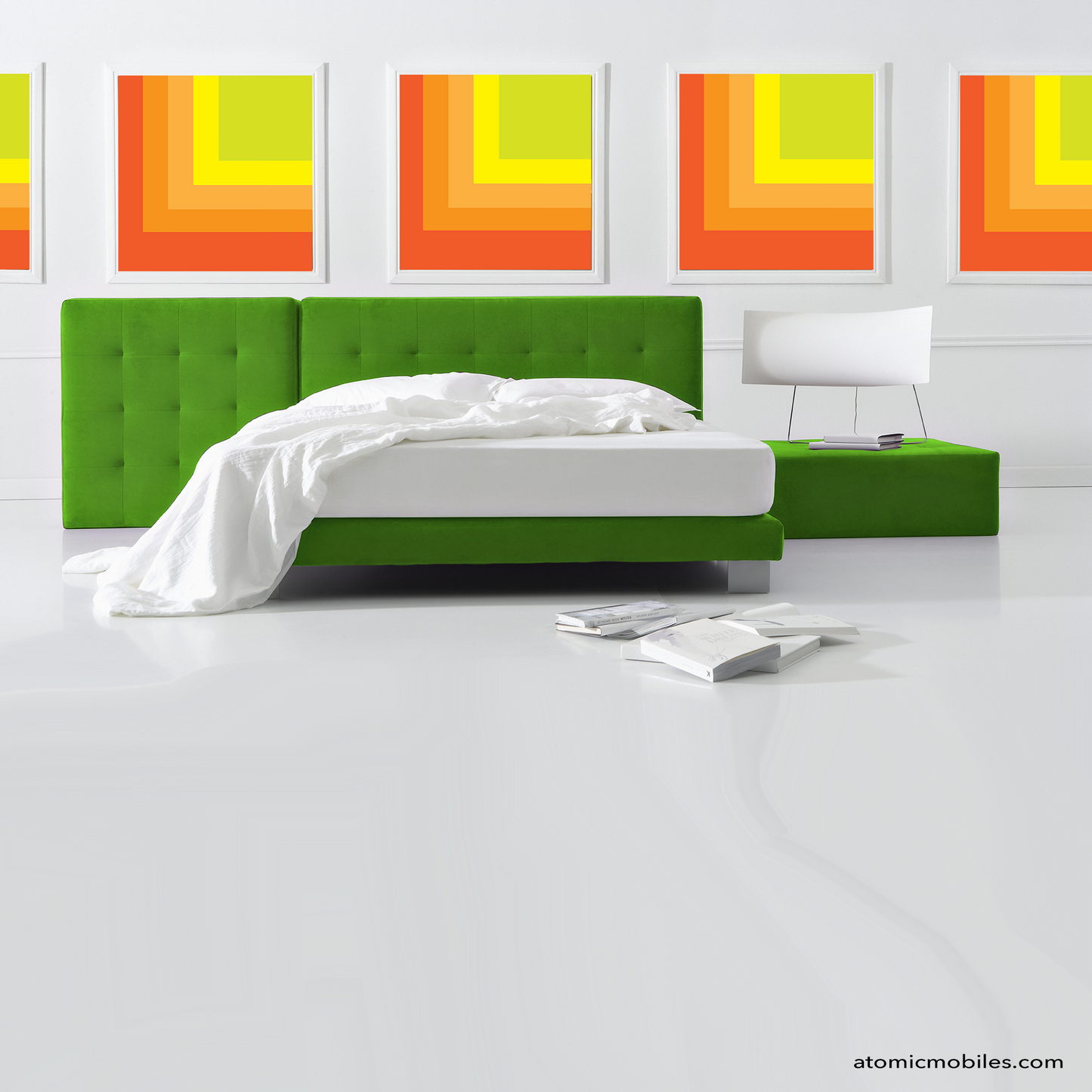Multiple GROOVY 1970s inspired geometric art prints on canvas in a grouping in modern bedroom with green bed -- art print by AtomicMobiles.com