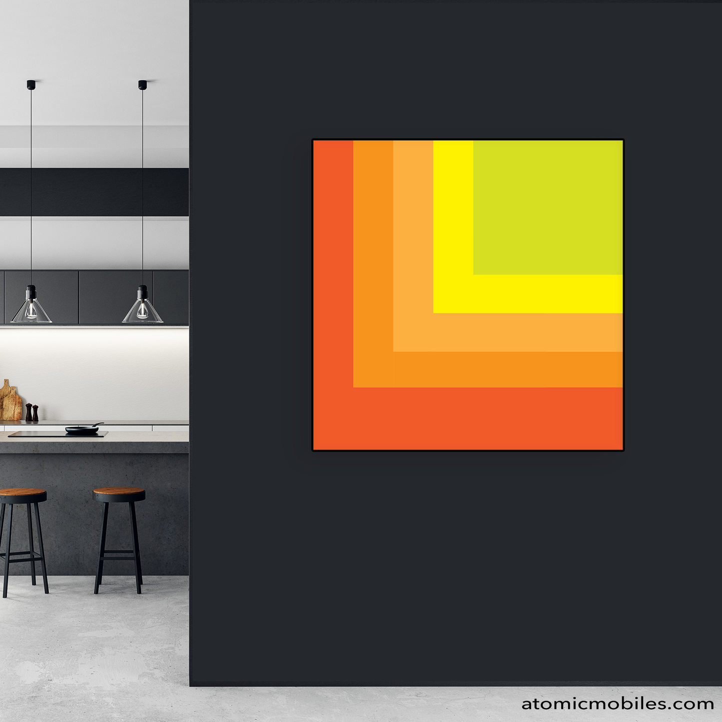 GROOVY giclee stretched canvas art print in modern kitchen on black wall - geometric bright colored art by AtomicMobiles.com