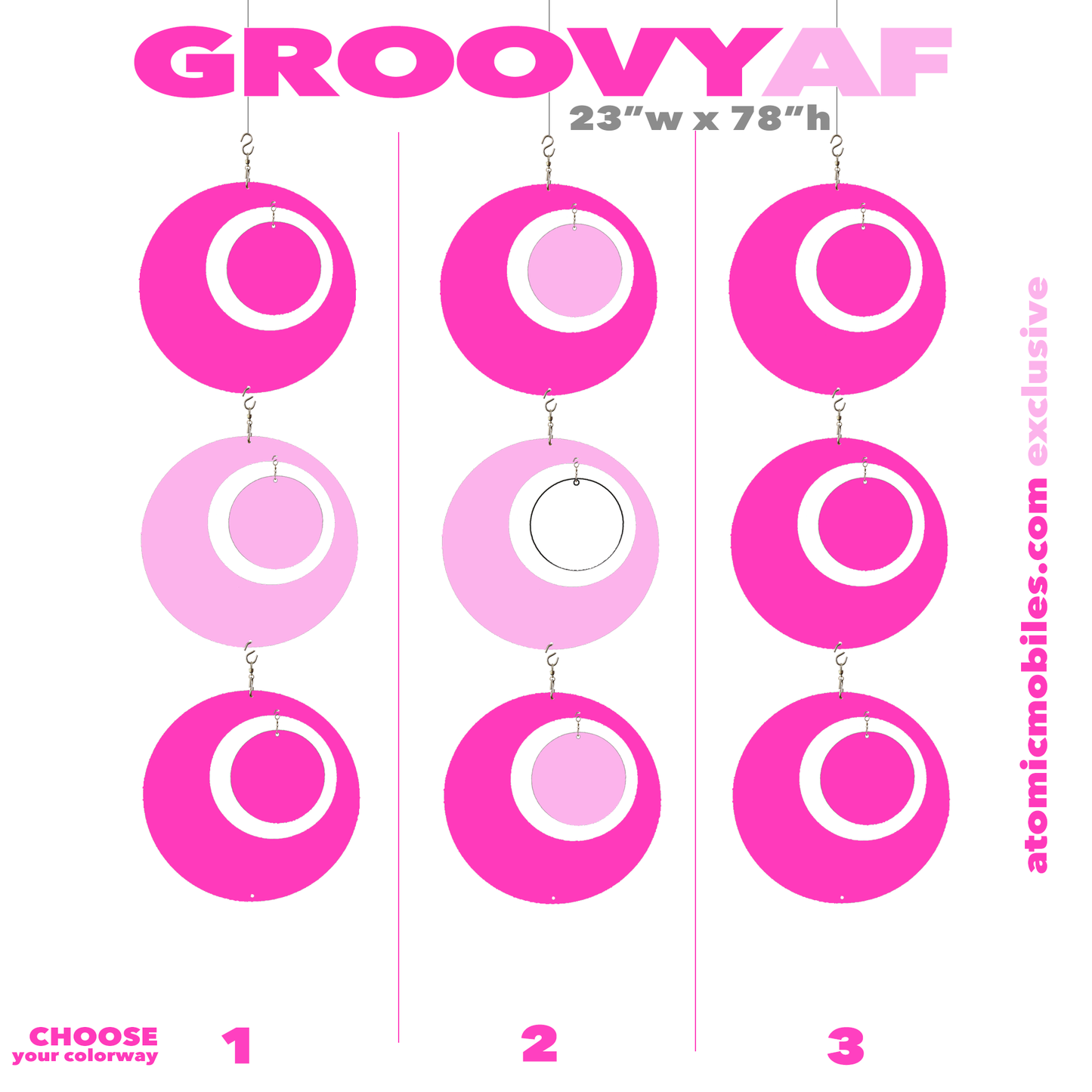 GROOVY AF in Barbie Dream House Pink - bigger than life XXL dramatic vertical hanging art mobiles - 23w x 78h - in 3 different Pink colorways - by AtomicMobiles.com