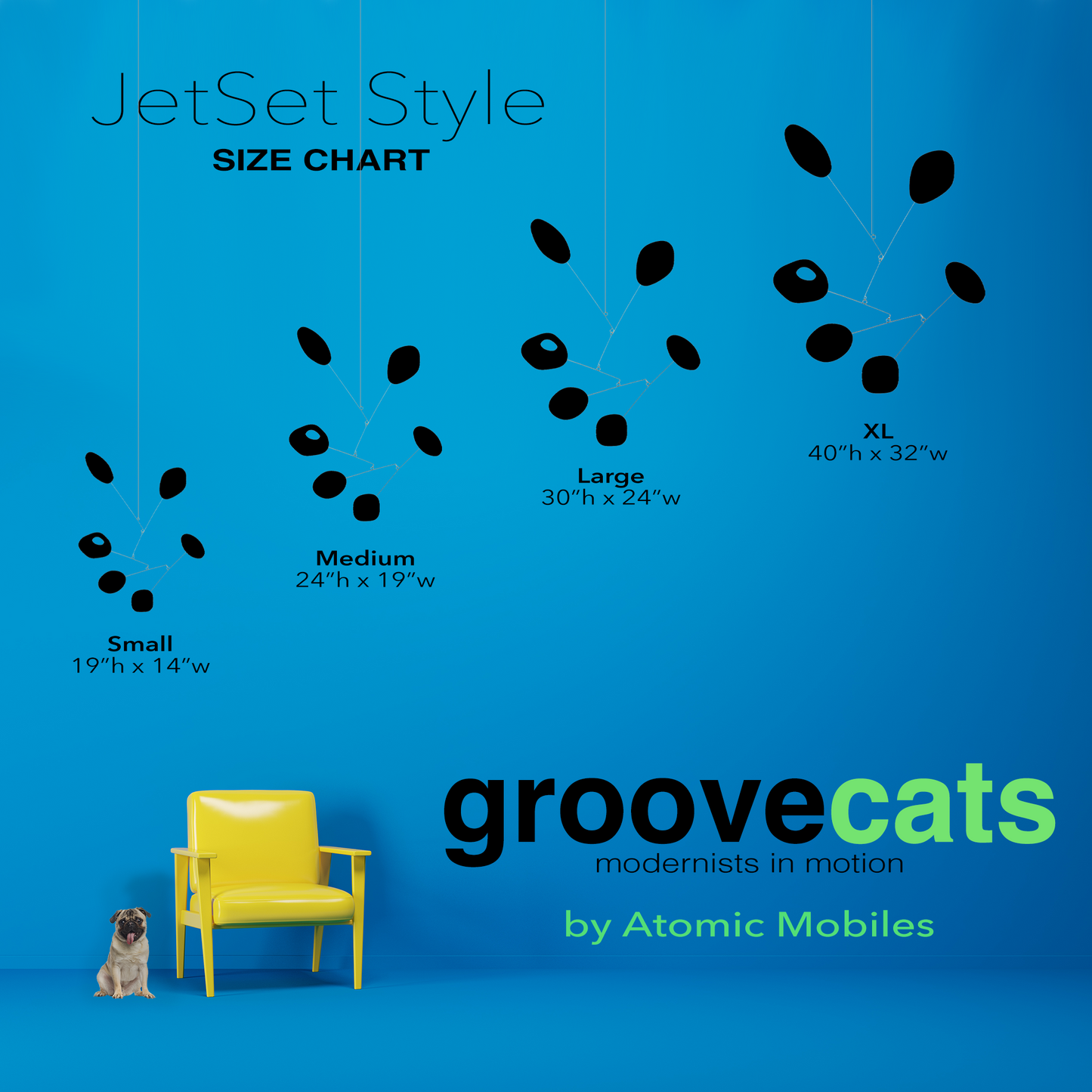 Size Chart for JetSet hanging art mobiles in mid century modern retro style for home and office decor by AtomicMobiles.com