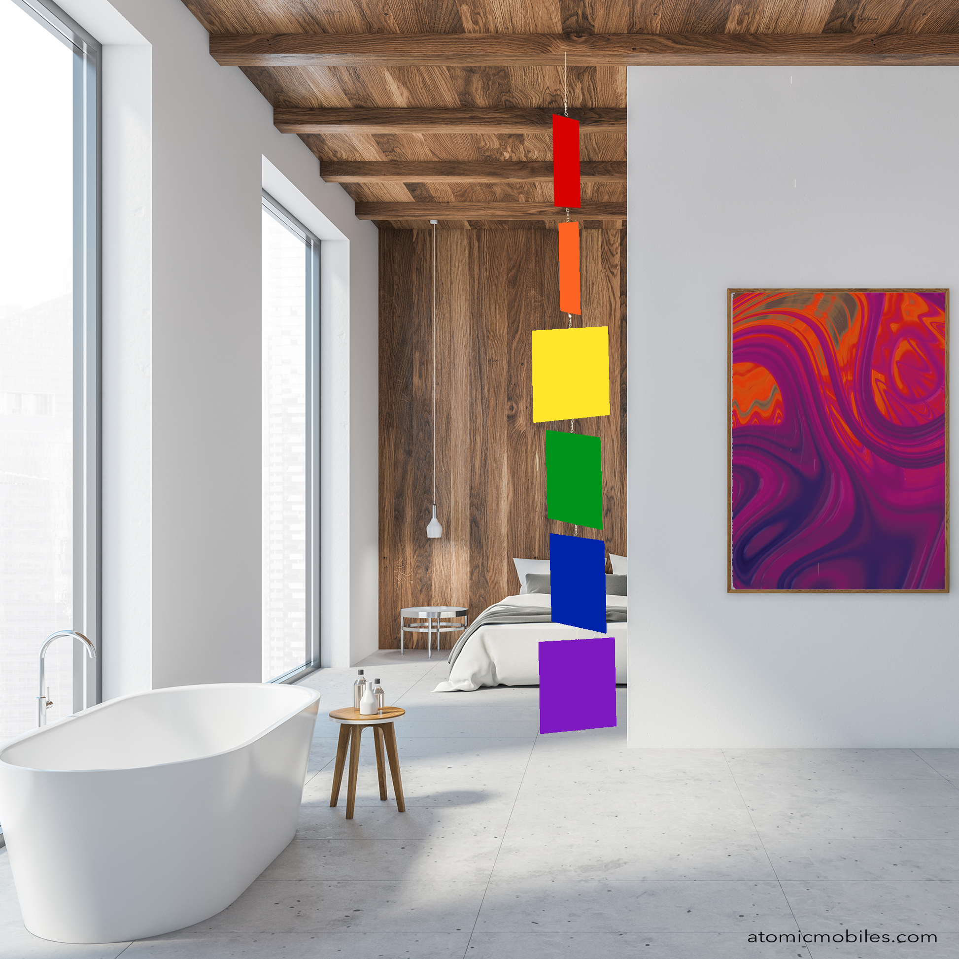 MODCAST Vertical Hanging Art Mobile in beautiful contemporary bathroom with white bathtub, marble floor, bedroom in the background with wood wall and ceiling - kinetic art mobile by AtomicMobiles.com