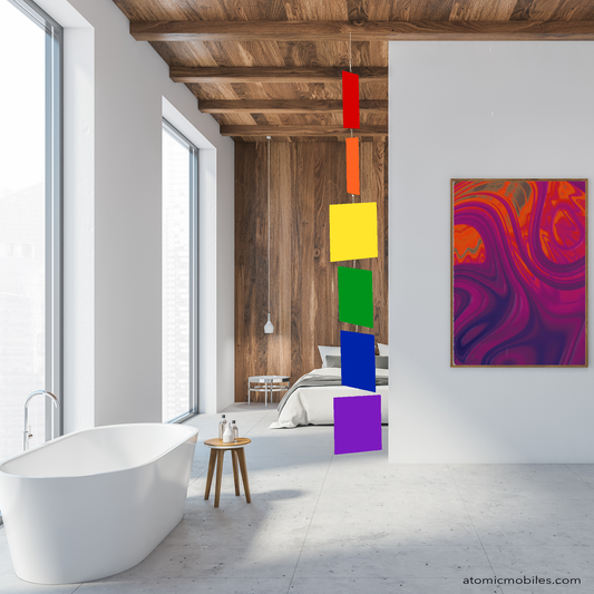 MODCAST Vertical Hanging Art Mobile in beautiful contemporary bathroom with white bathtub, marble floor, bedroom in the background with wood wall and ceiling - kinetic art mobile by AtomicMobiles.com