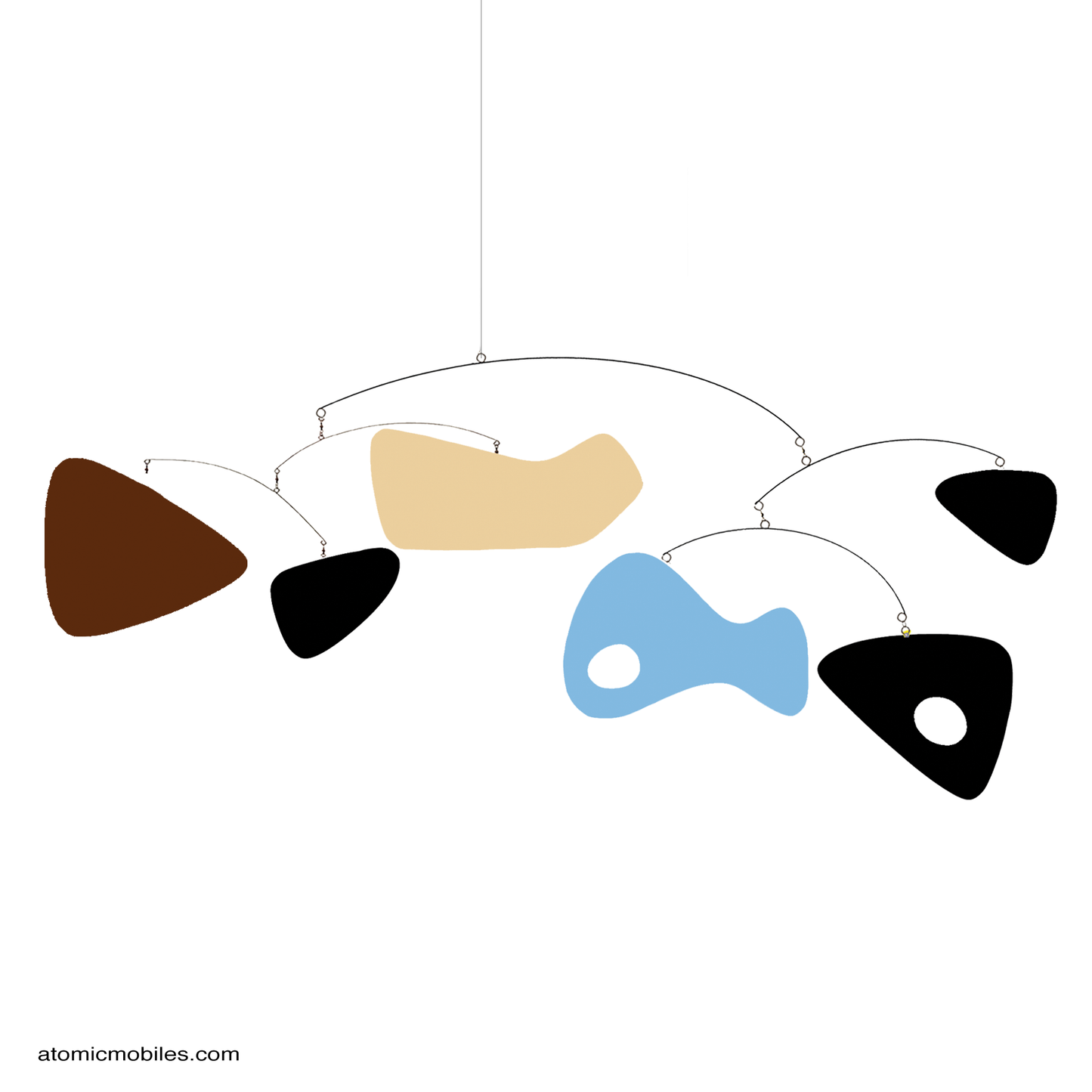 Shag MCM artist inspired kinetic art mobile by AtomicMobiles.com in black, brown, periwinkle blue, and cream