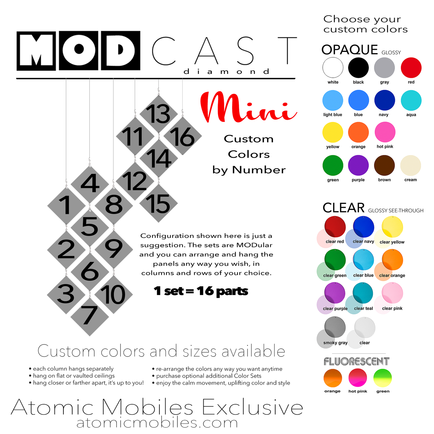 Color Chart for Custom Colors MODCast Mini Diamond Modular Hanging Art Panels for mobiles, curtains, and room dividers by AtomicMobiles.com