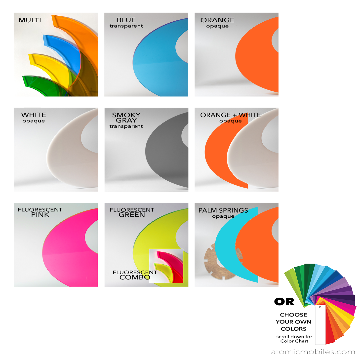 Color Chart for Genie Space Age RotaMobile kinetic hanging art mobile in acrylic plexiglass by AtomicMobiles.com