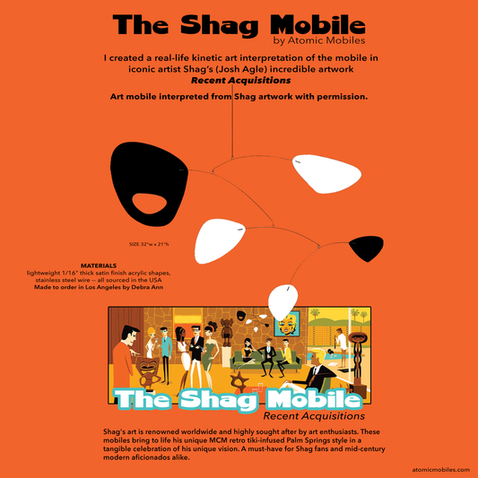 SHAG fine art painting featuring rendition of kinetic art mobile hanging in mid century modern room with hip people - Atomic Mobiles has gained permission to create this mobile in real life