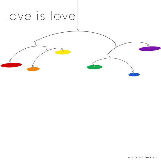 LOVE IS LOVE LGBTQ+ Rainbow Pride Mid Century Modern style hanging art mobile by AtomicMobles.com