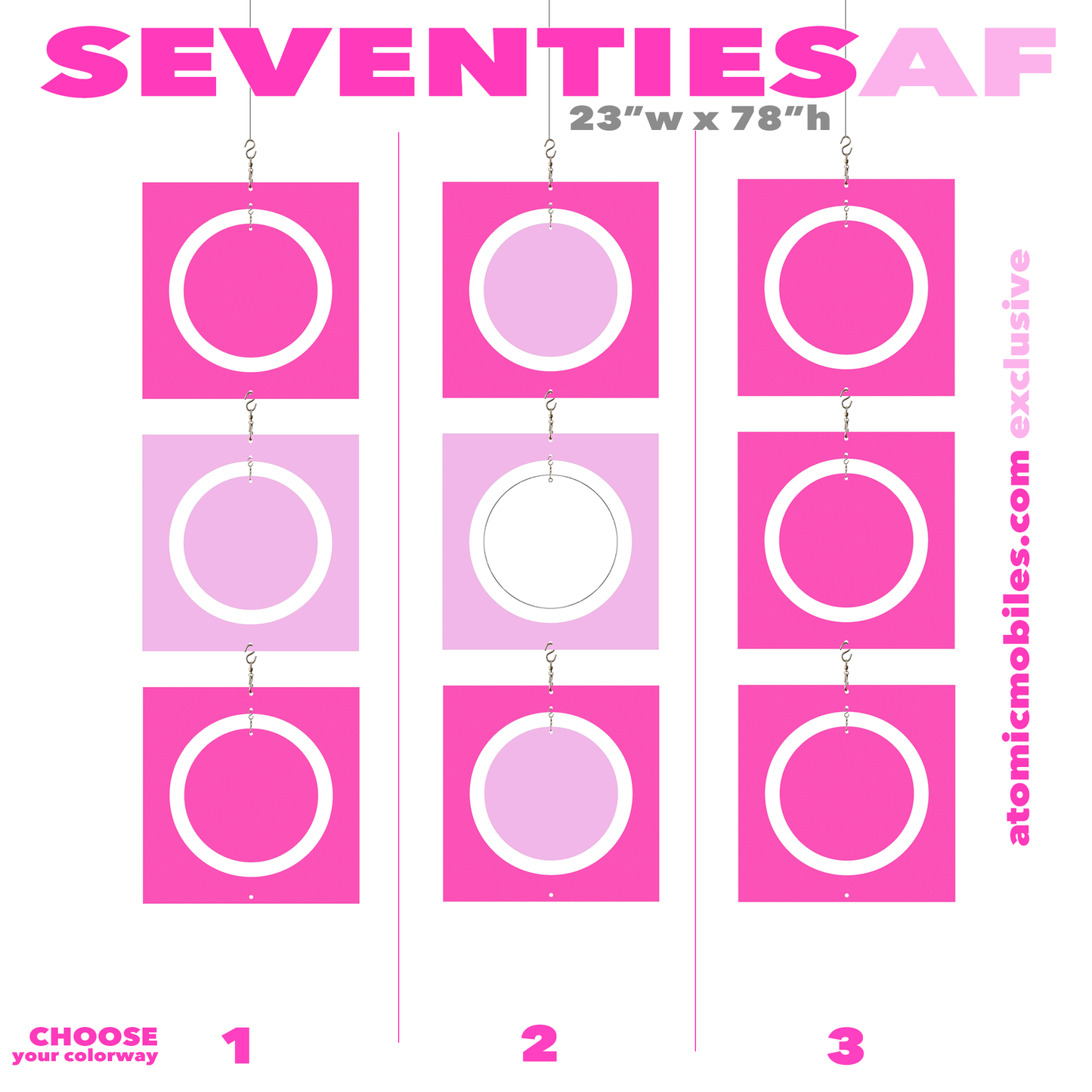SEVENTIES AF in Barbie Dream House Pink - bigger than life XXL dramatic vertical hanging art mobiles - 23w x 78h - in 3 different Pink colorways - by AtomicMobiles.com