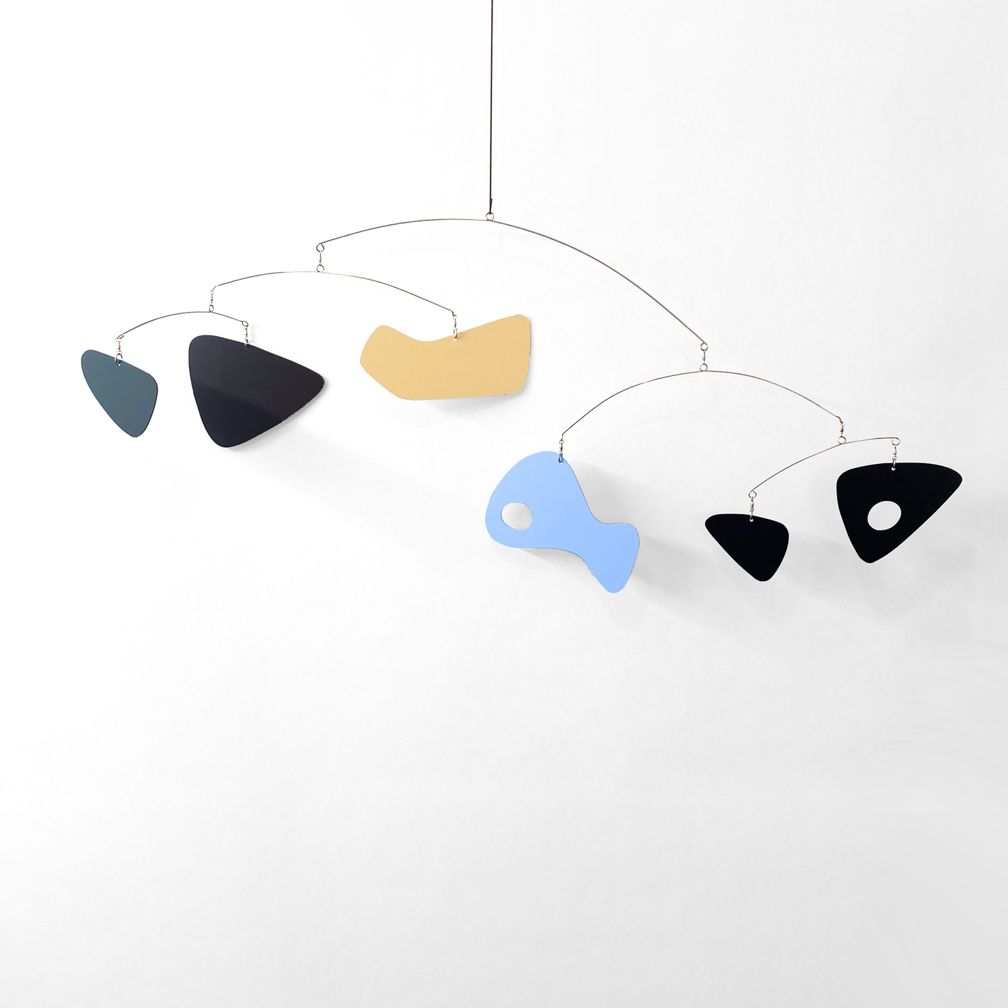 Shag MCM artist inspired kinetic art mobile by AtomicMobiles.com in black, brown, periwinkle blue, and cream