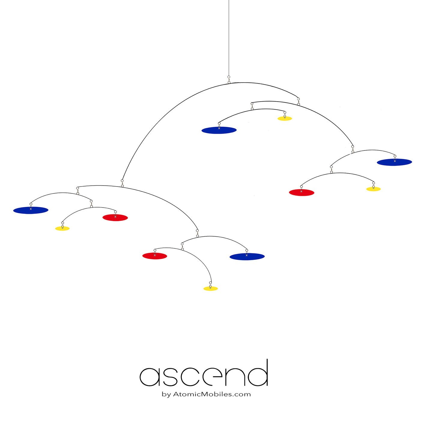 Ascend 8 foot XL hanging art mobile featuring horizontal geometric circles and 360 degree swiveling wire arms - mid century modern Calder-inspired mobile by AtomicMobiles.com