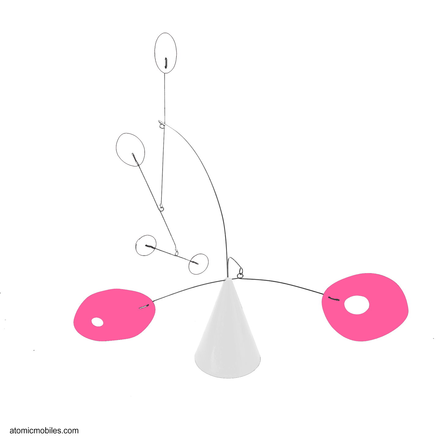 The Strobile Art Stabile mobile in Barbie hot pink and white shapes with white base cone - one of the Dream House art pieces by AtomicMobiles.com