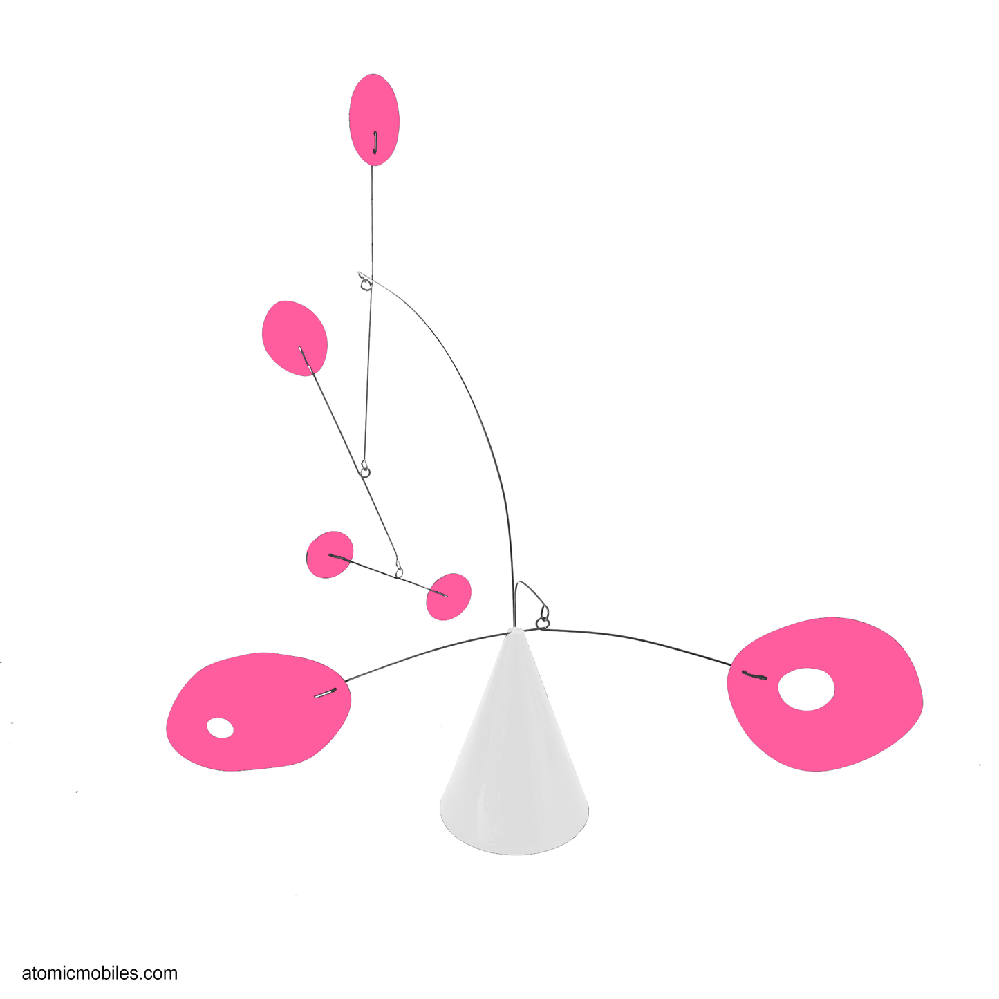The Strobile Art Stabile mobile in Barbie hot pink shapes with white base cone - one of the Dream House art pieces by AtomicMobiles.com