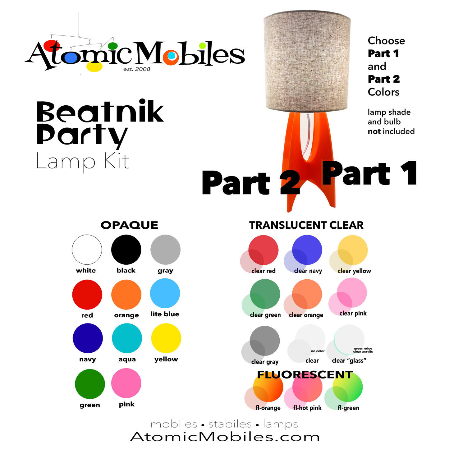 Color Chart of available acrylic plexiglass colors for Beatnik Party retro Lamp by AtomicMobiles.com