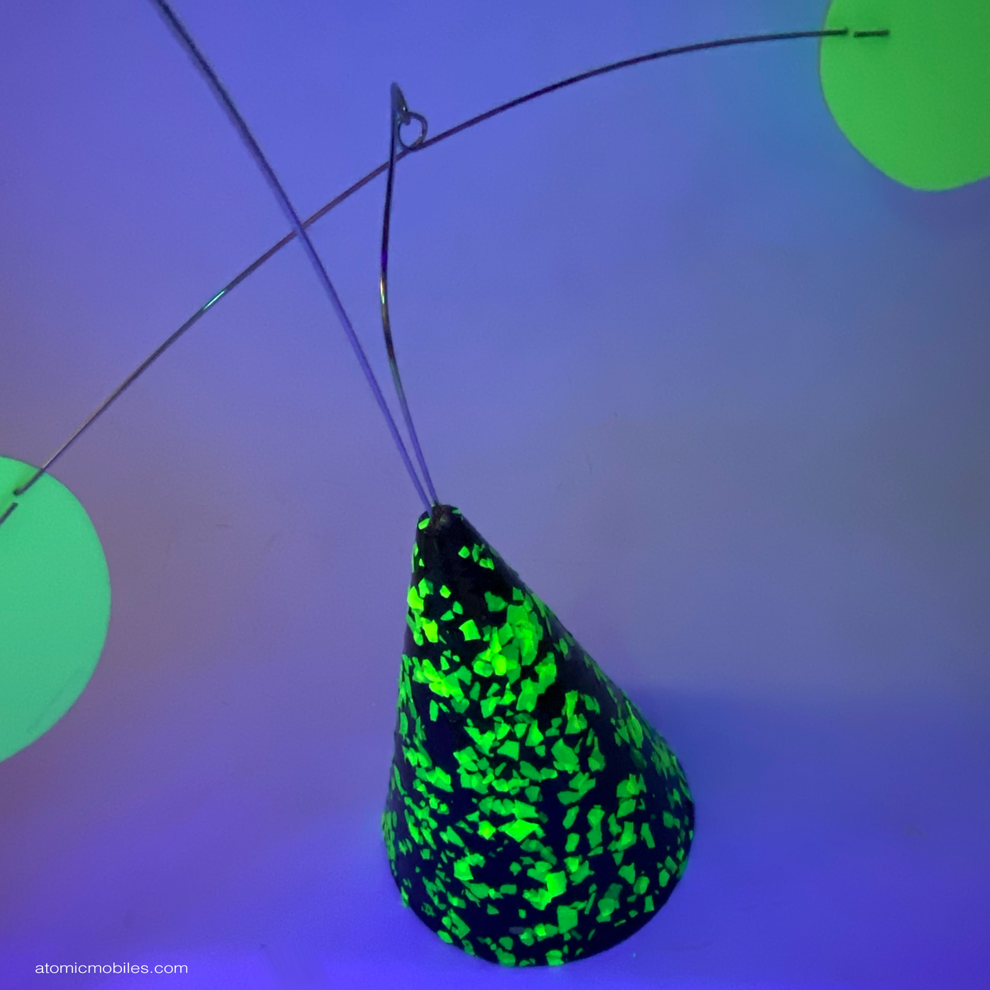 Modern Art Stabile tabletop kinetic sculpture featuring cone that glows under black light and glow in the dark moving shapes. One of a kind Strobile art by AtomicMobiles.com