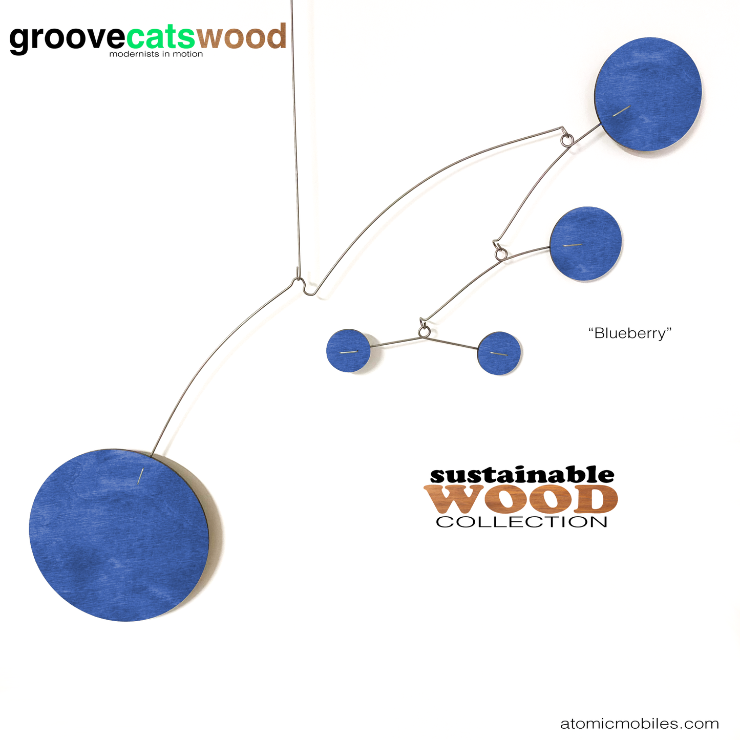 The Moderne hanging art mobile in sustainable wood - shown here in Blueberry blue stained wood - designed and made to order in Los Angeles by AtomicMobiles.com