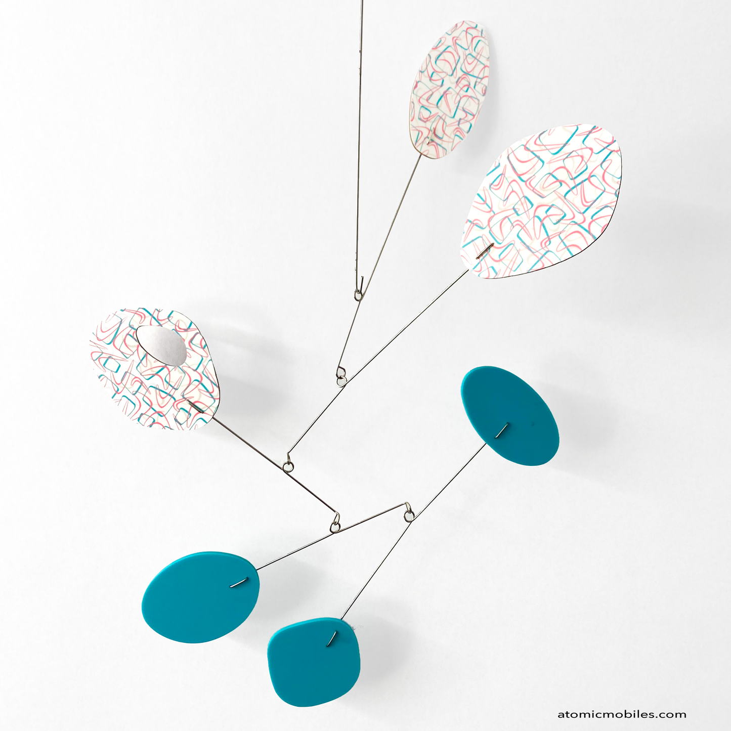 Cool and unique one-of-a-kind mid century modern retro hanging art mobile in Aqua Blue, and Formica boomerang parts by AtomicMobiles.com