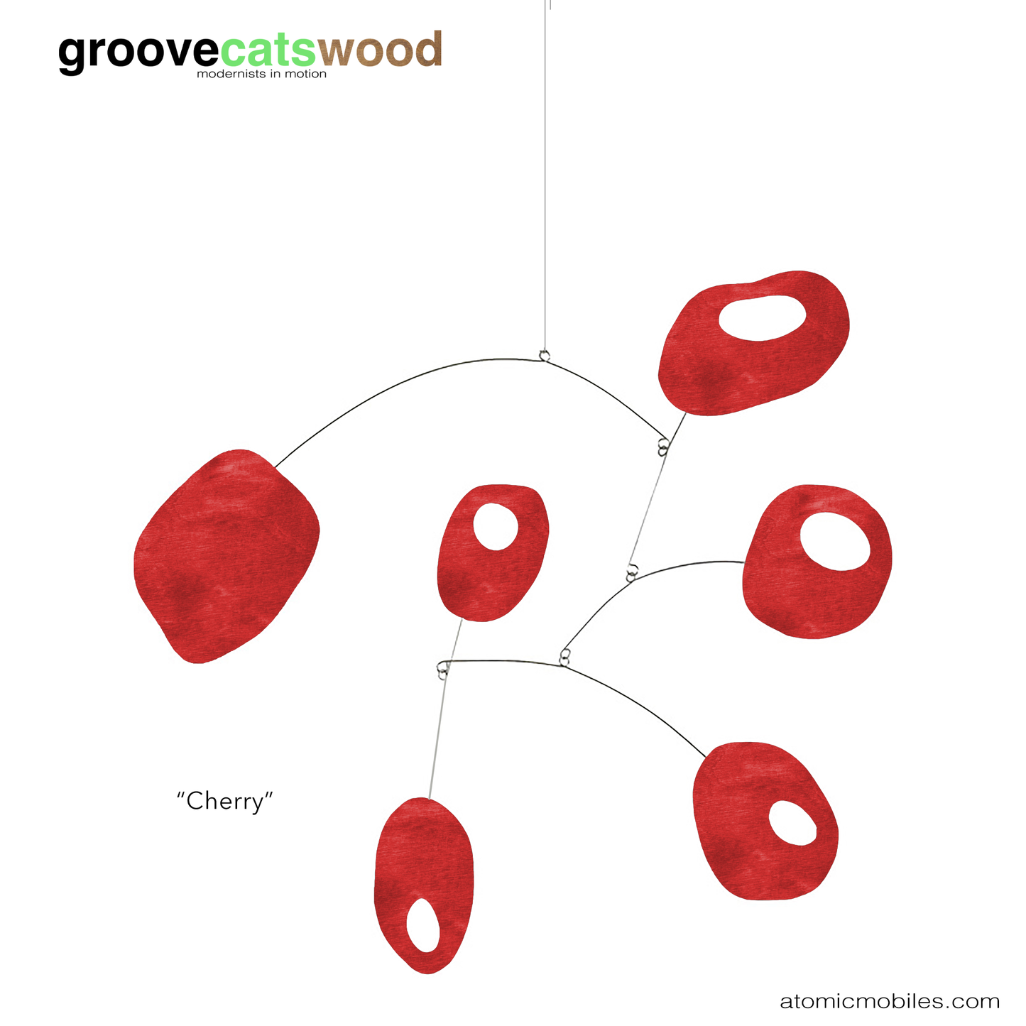 Retro Hanging Art Mobile made from sustainable wood in Cherry Red - mid century modern style mobiles by AtomicMobiles.com