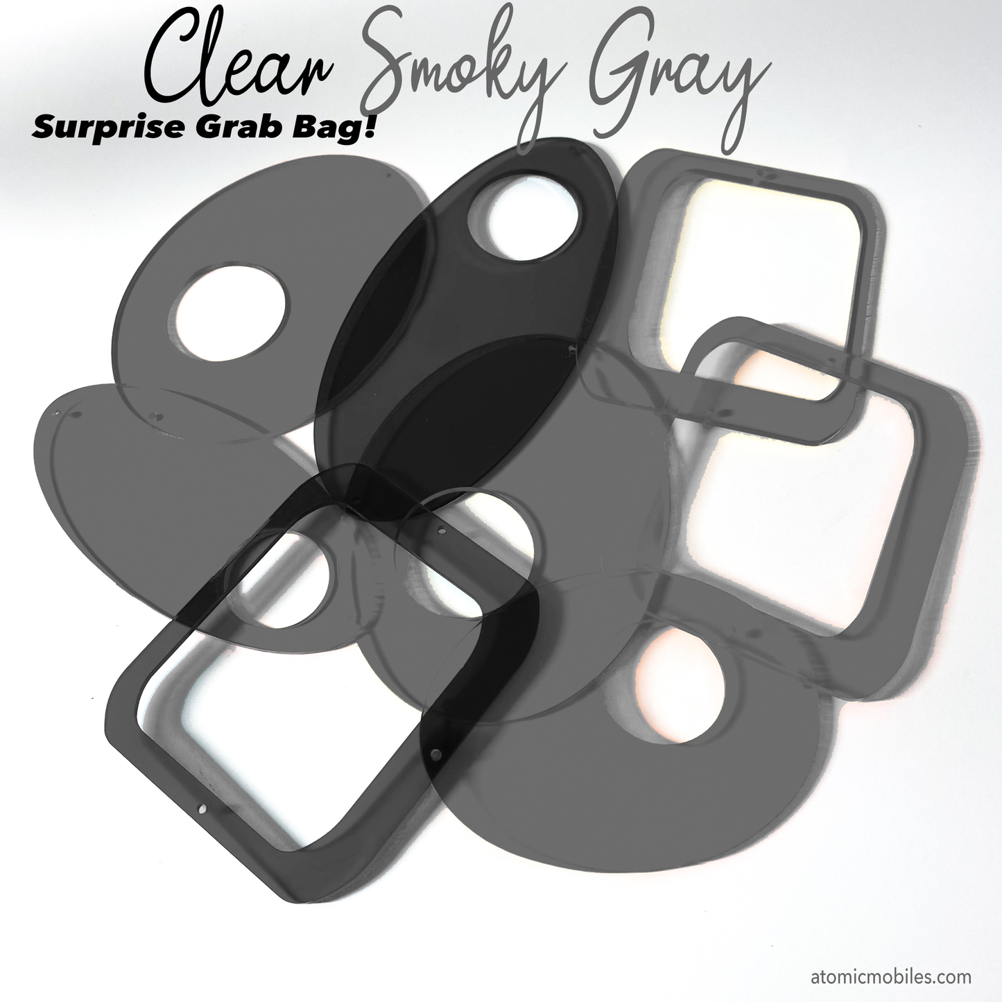 Clear Transparent Smoky Gray Surprise Grab Bag of mid century modern inspired parts to make a hanging art mobile - DIY Kits by AtomicMobiles.com
