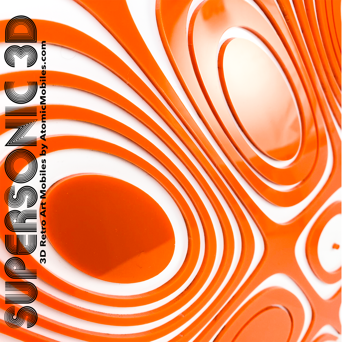 Closeup of Supersonic 3D kinetic art mobile in White and Orange acrylic plexiglass - groovy retro geometric art by AtomicMobiles.com