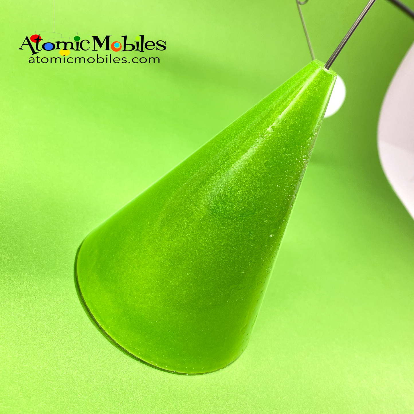 Closeup of one of a kind Lime Green and White tabletop mobile - The Stabile - on sale and handmade in Los Angeles by Debra Ann of AtomicMobiles.com - unique modern art