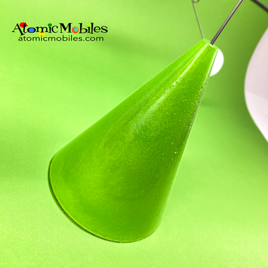 Closeup of one of a kind Lime Green and White tabletop mobile - The Stabile - on sale and handmade in Los Angeles by Debra Ann of AtomicMobiles.com - unique modern art
