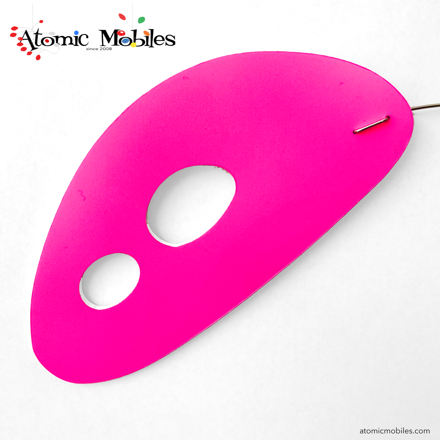 closeup of SHOCKING Pink hanging kinetic art mobile inspired by mid century modern style - GrooveCats AstroCat by AtomicMobiles.com