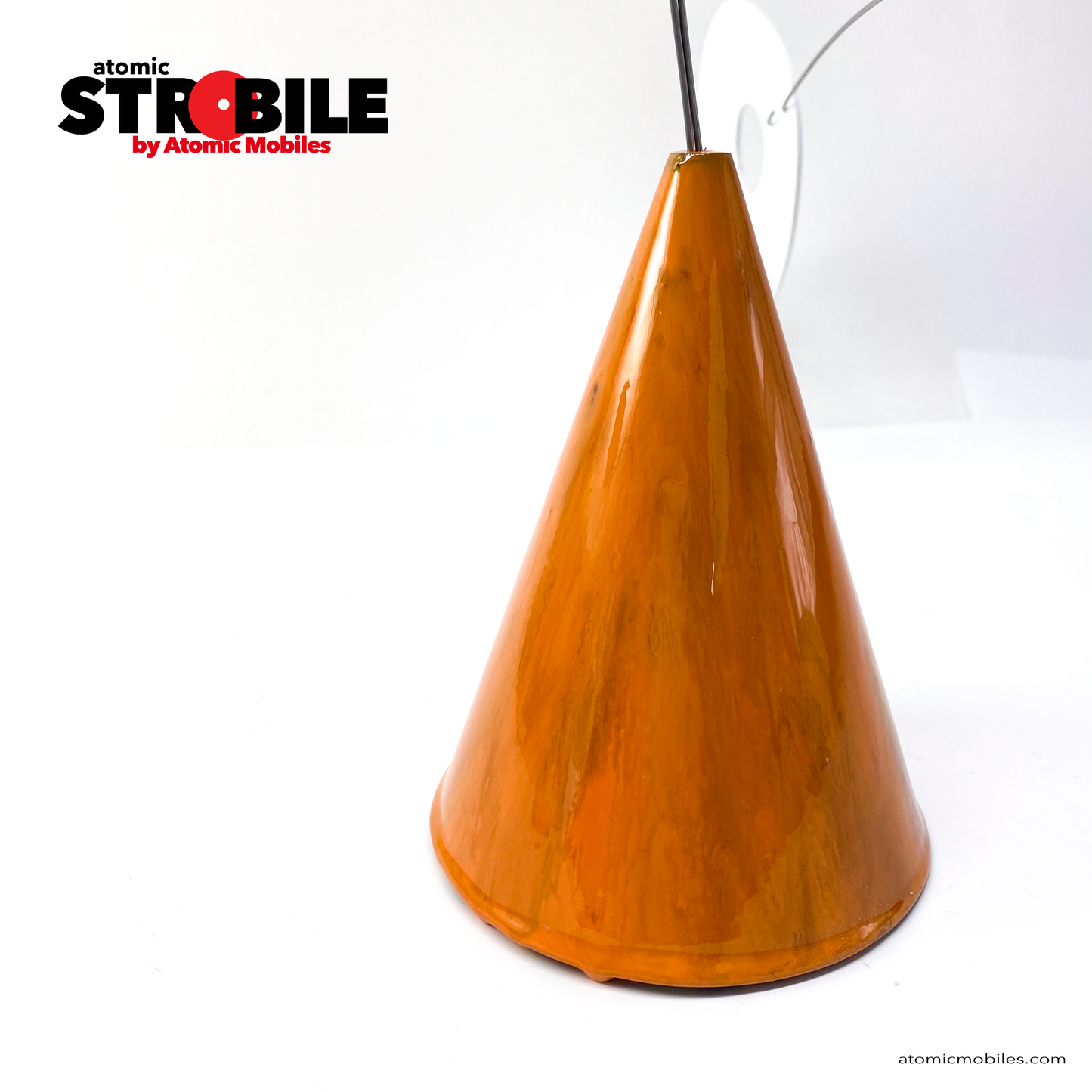 Other side closeup of The Strobile kinetic tabletop art stabile mobile sculpture by AtomicMobiles.com featuring one of a kind marbled burnt orange cone base