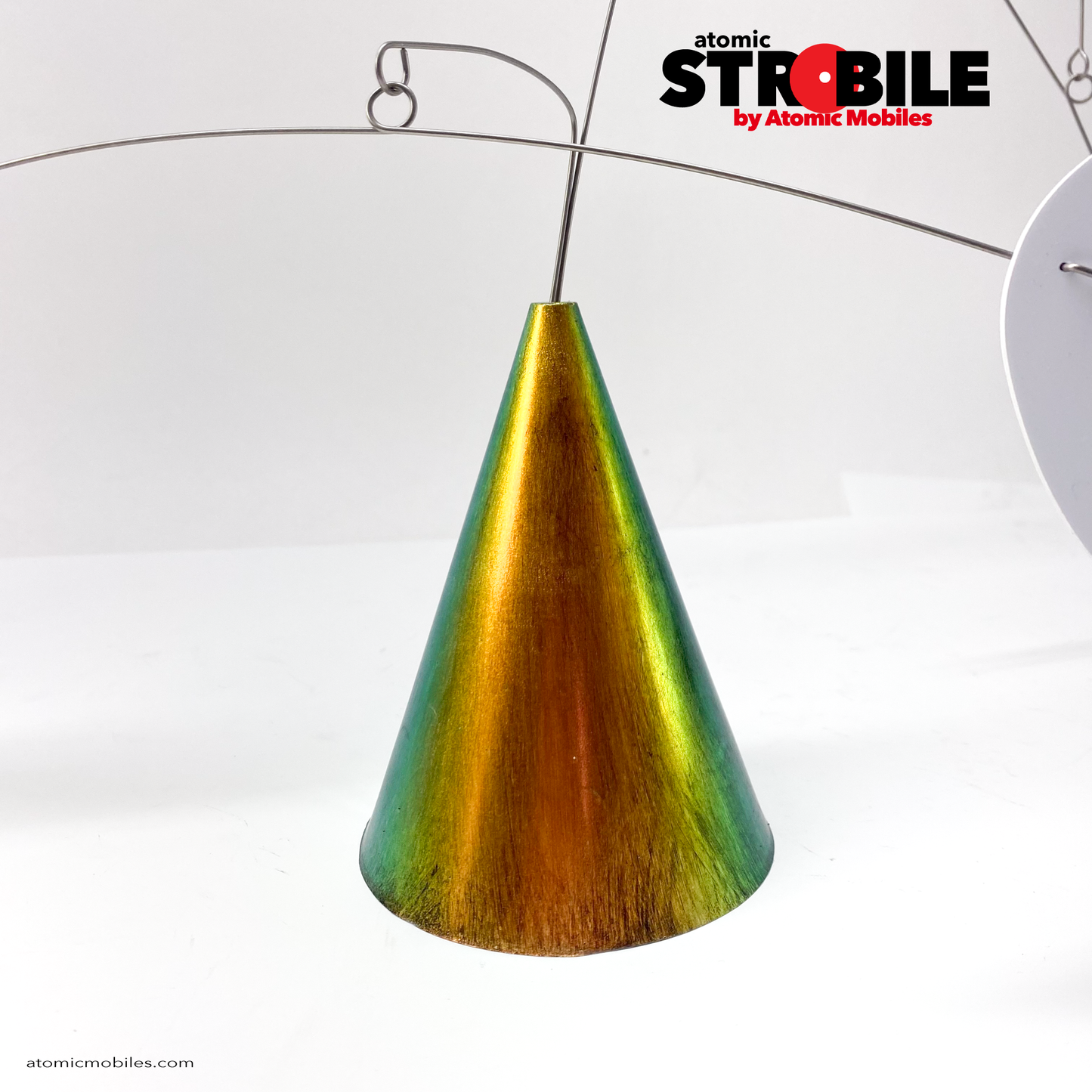 Gorgeous multicolor PRISM metallic-look base art sculpture - The Strobile Modern Art Tabletop Kinetic Mobile - with white mobile shapes and color changing cone base by AtomicMobiles.com