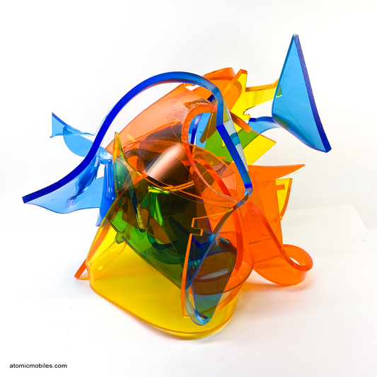 Back view of Euphoria - mesmerizing Colorful abstract plexiglass acrylic abstract art sculpture in tranparent orange, yellow, blue - one of a kind modern art by AtomicMobiles.comMesmerizing Colorful abstract plexiglass acrylic abstract art sculpture in tranparent orange, yellow, blue - one of a kind modern art by AtomicMobiles.com