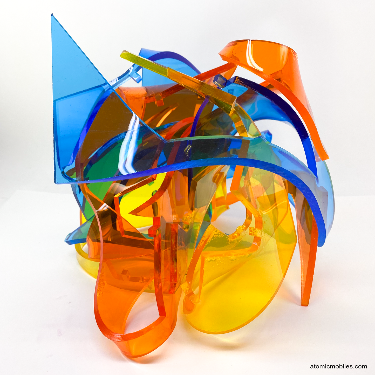Back view of Euphoria - mesmerizing Colorful abstract plexiglass acrylic abstract art sculpture in tranparent orange, yellow, blue - one of a kind modern art by AtomicMobiles.com