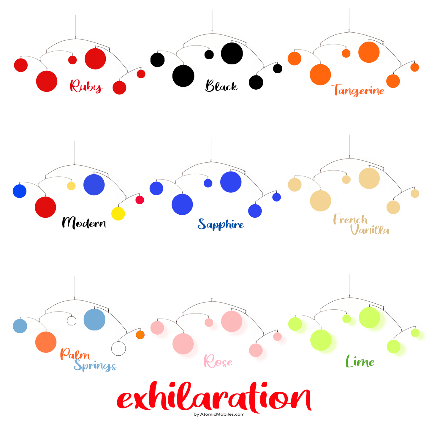 9 Designer Colors to choose from - ruby red, black, tangerine orange, modern multi, sapphire, french vanilla, Palm Springs, Rose, and Lime -- for your EXHILARATION kinetic hanging art mobile by AtomicMobiles.com