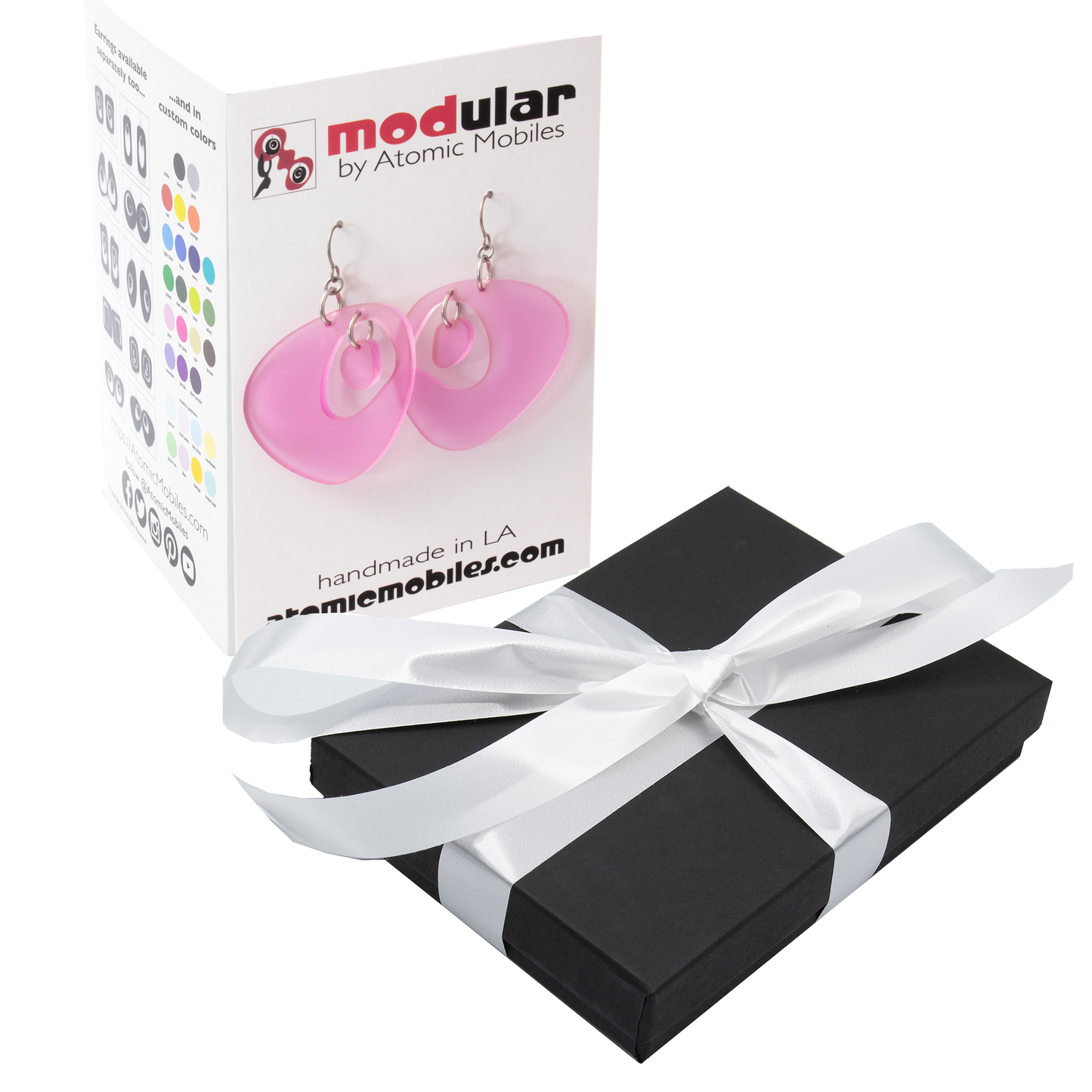 Frosty Pink Googie Earrings on display card with black gift box and white ribbon - custom statement earrings by AtomicMobiles.com