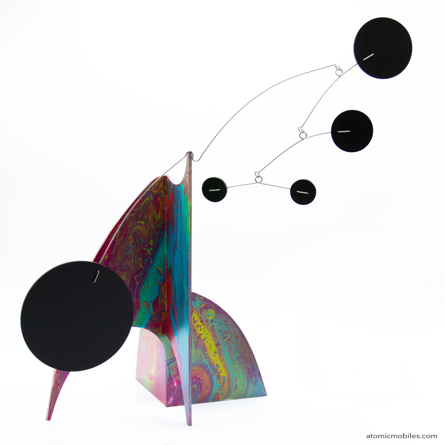 Another view of gorgeous hand-painted Moderne Kinetic Art Sculpture, tabletop mobile, in vibrant swirly colors with black circles by AtomicMobiles.com