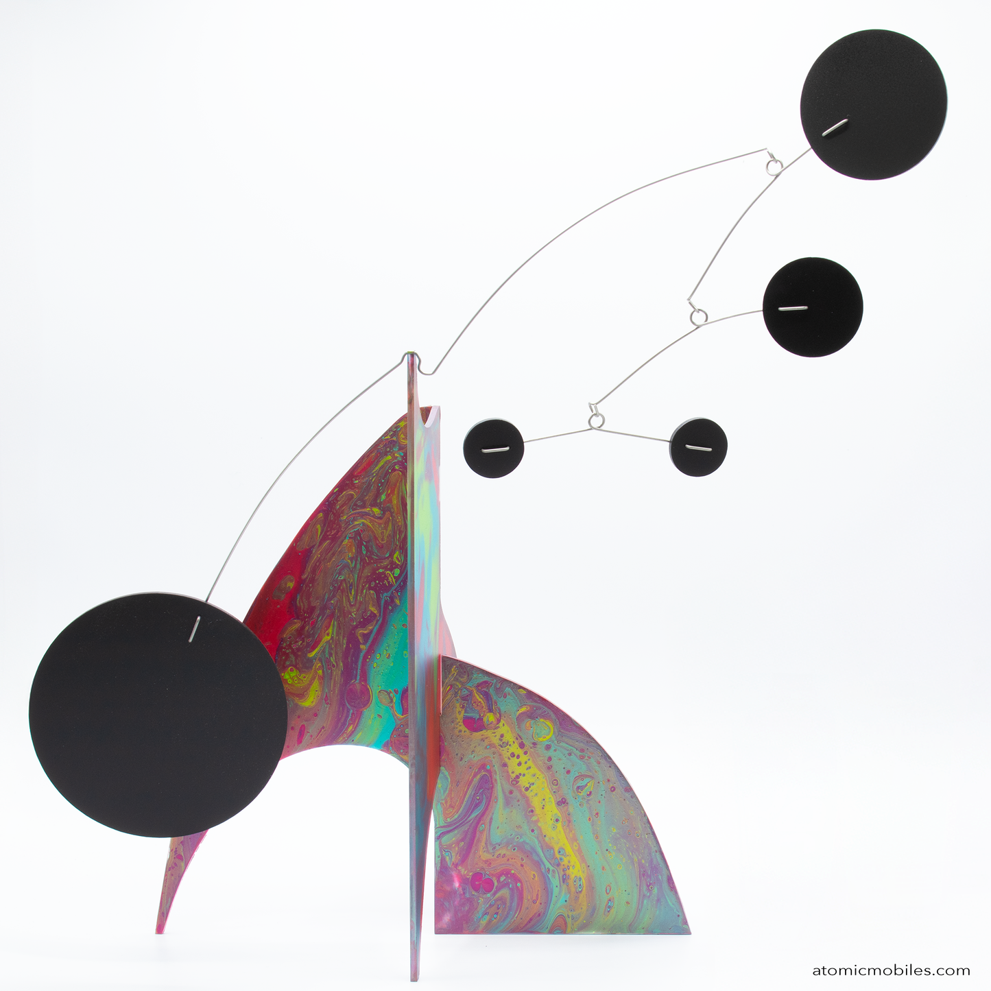 Gorgeous hand-painted Moderne Kinetic Art Sculpture, tabletop mobile, in vibrant swirly colors with black circles by AtomicMobiles.com